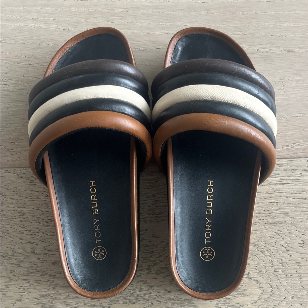 Tory Burch Tan and Black Slides with Cream Stripes